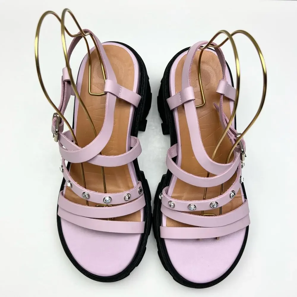 GANNI Crystal Embellished Strappy Block Heel Sandals EU 41 US 11 Pink Platform - Picture 8 of 11